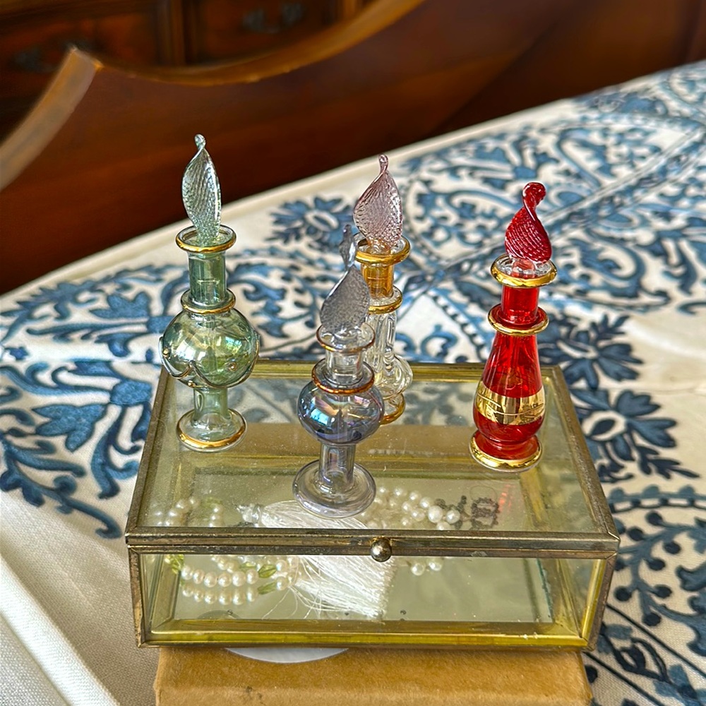 Four very intricate blush glass perfume bottles from Turkey vintage variety